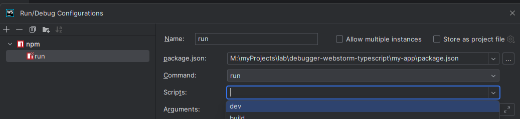 Select script on Webstorm